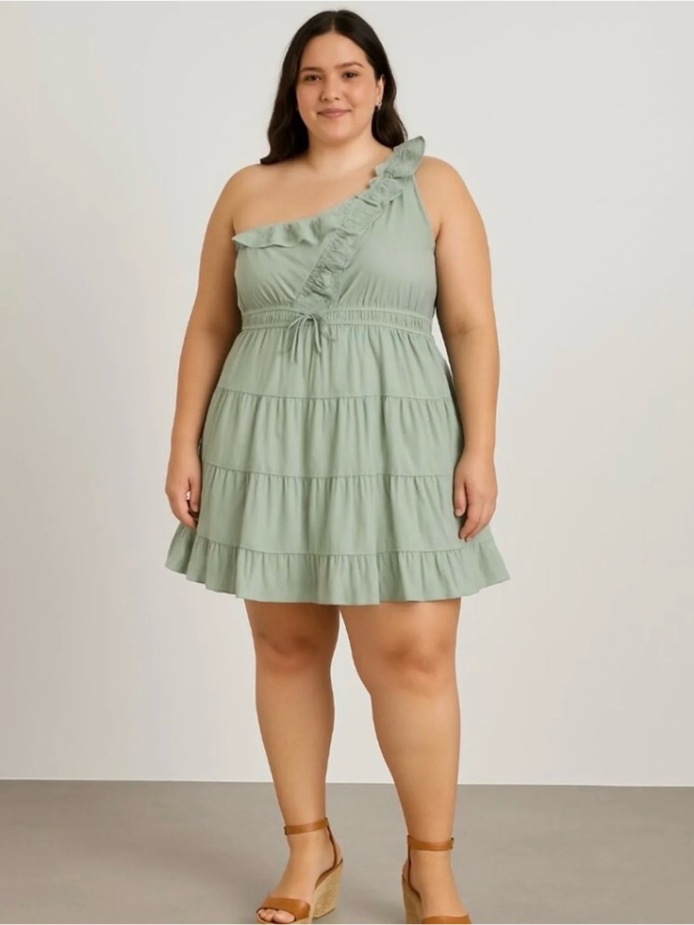Rosevelvet One-Shoulder Ruffle Tiered Mini Dress in Sage Green